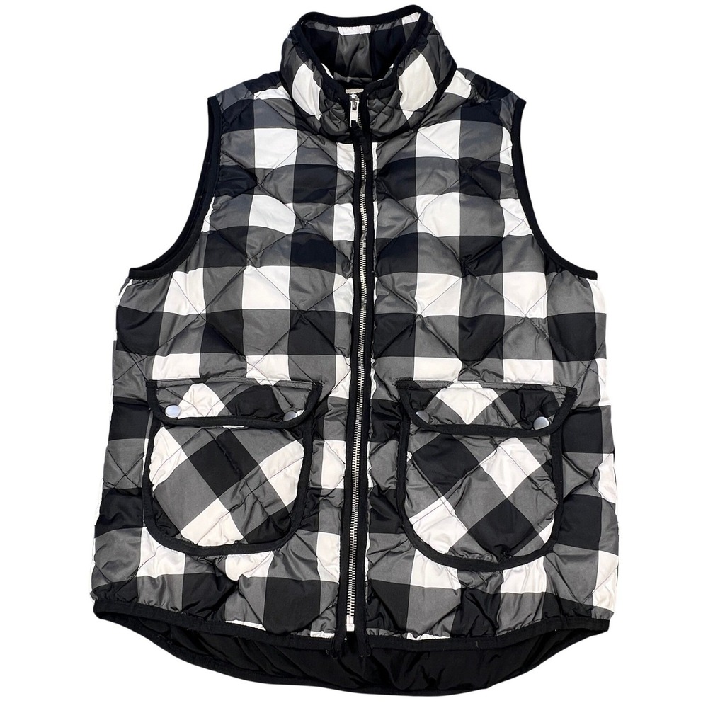Woolrich Black White Buffalo Plaid Quilted Down Puffer Vest Women Size S